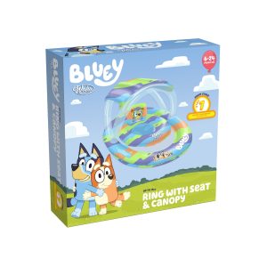 Wahu Bluey Ring with Seat N Canopy, Swimming Water Play Inflatable Fun Toy Up To 15kg From 6m to 24m