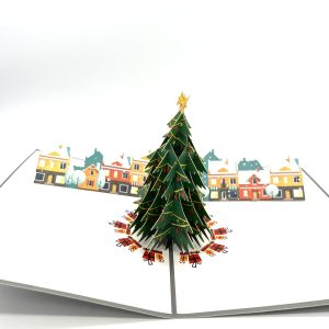 3D Pop-Up Christmas Greeting Card, Festive Tree with Gift Scene, Grey Cover